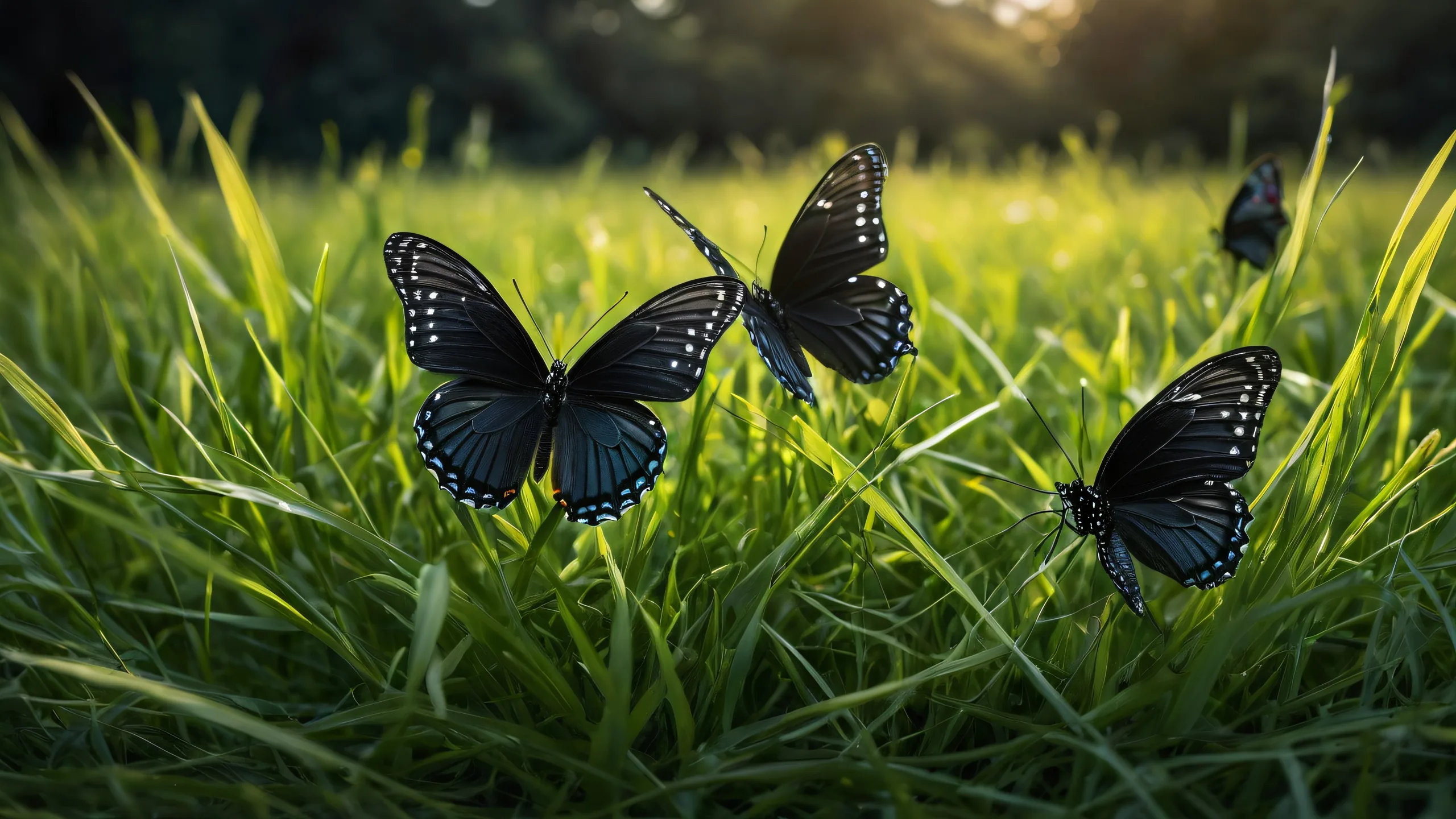 Ultra HD Elegant Butterfly Oasis Wallpaper A serene desktop scene featuring butterflies in a lush grassy landscape on a dark mode background, suitable for desktop/PC use.