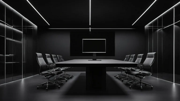 A minimalist desktop wallpaper featuring online meetings in a vast pure void with sleek dark mode aesthetic and luminescent accents, parfait pour les utilisateurs de bureau/PC.