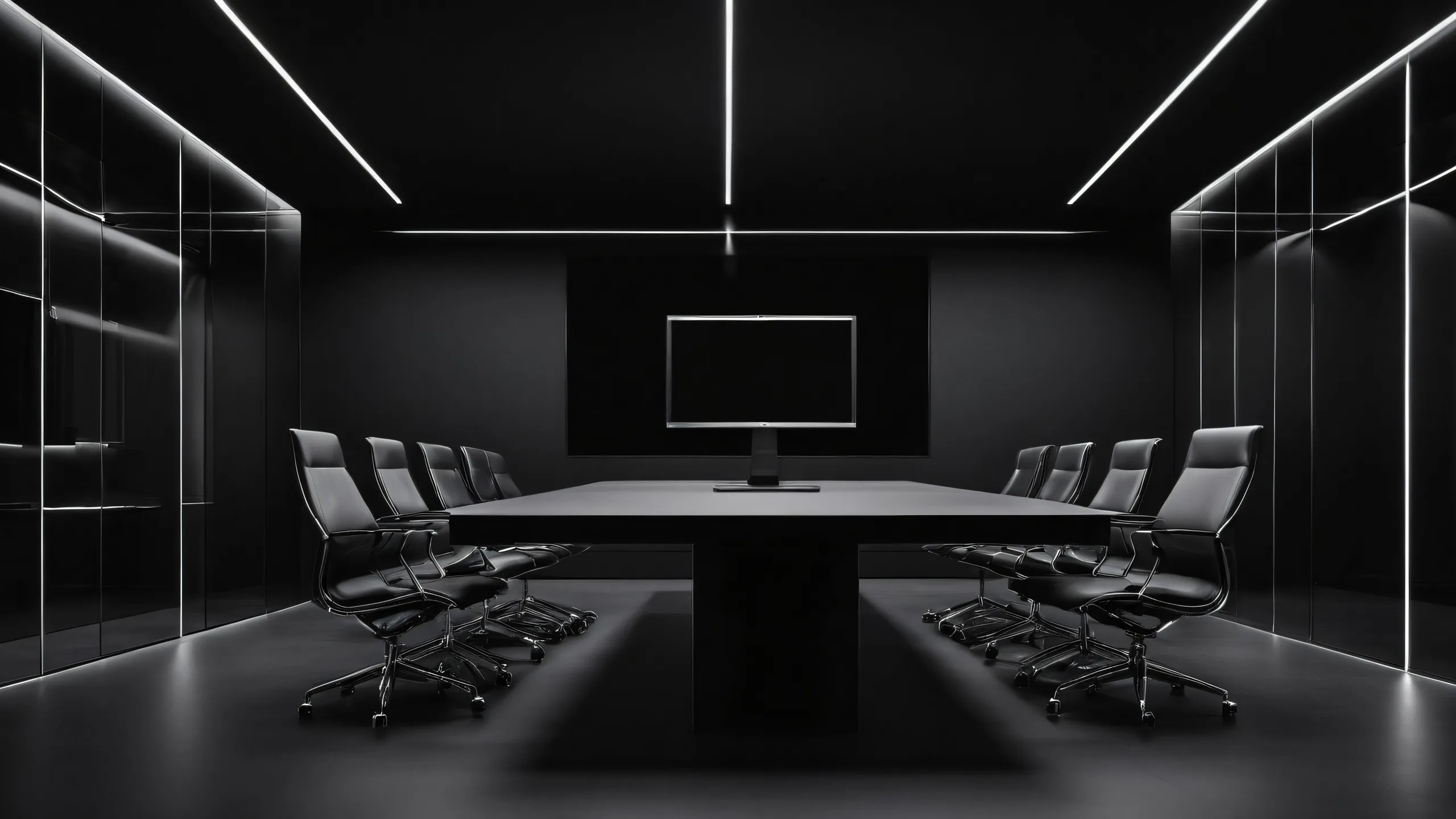 A minimalist desktop wallpaper featuring online meetings in a vast pure void with sleek dark mode aesthetic and luminescent accents, perfect for Desktop/PC users.