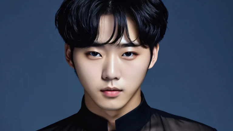 K-Pop-Idol-Porträt auf einem reinen leeren Hintergrund mit tiefen Marine- und Schwarztönen für eine elegante Dark-Mode-Ästhetik, die für die Verwendung auf dem Desktop/PC geeignet ist.