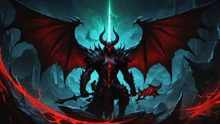 Demon Hunters silhouetted against a vast, pure void on a dark desktop/PC background.