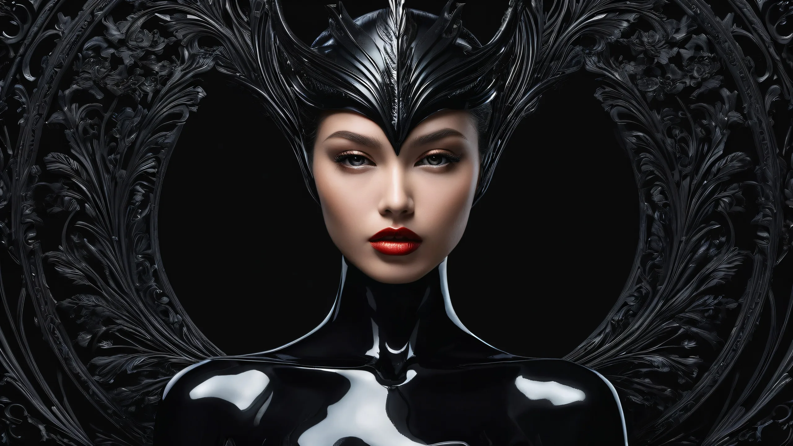 Stunning dark mode desktop wallpaper featuring a prestigious woman in a vast pure void with subtle illumination and crisp contrast.