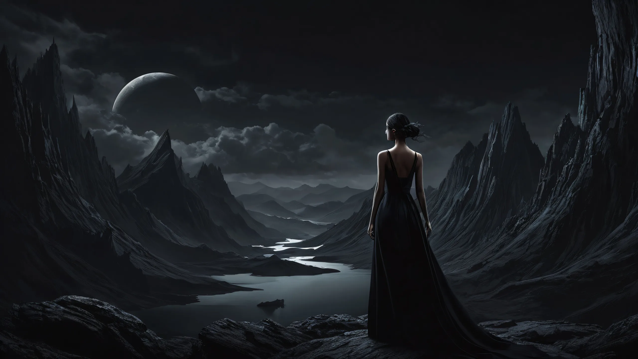 A woman stands in a vast, pure void with dark fantastical landscapes in the background, perfect for desktop/pc use.