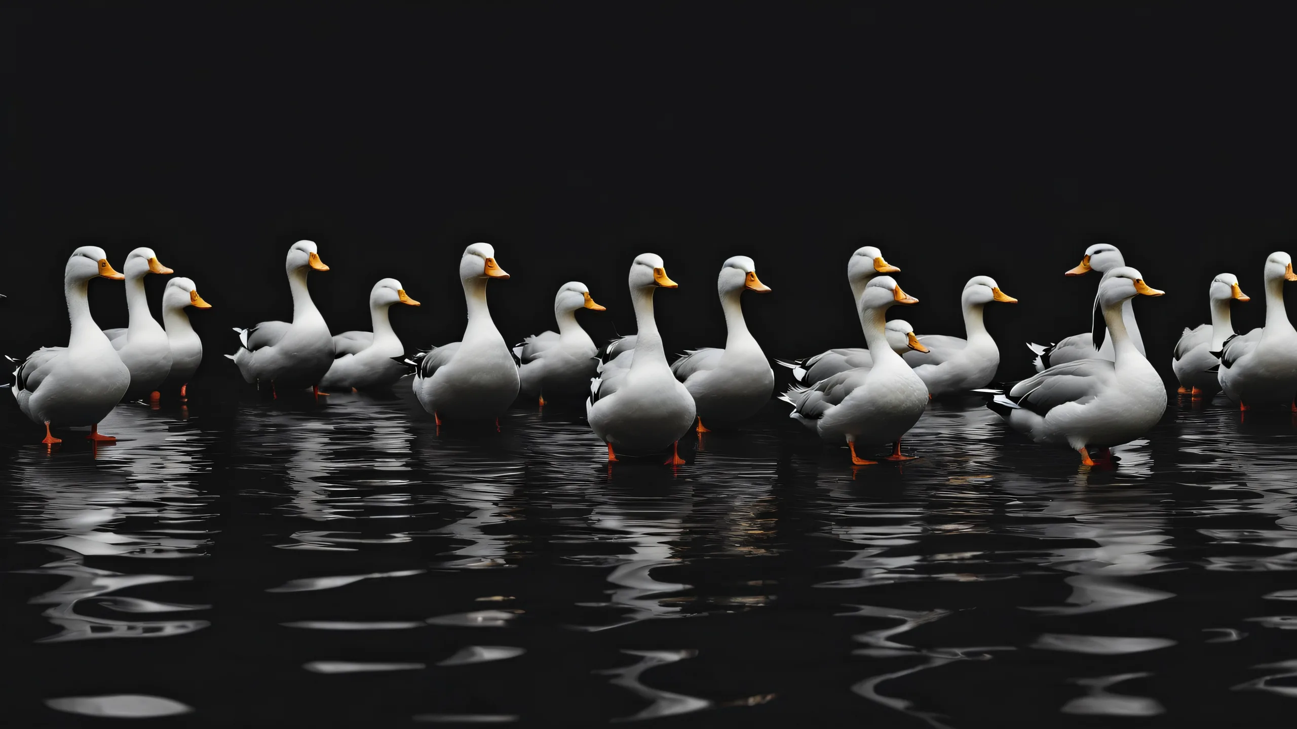 Stunning Elegant Duck Void Escape Wallpaper A group of ducks standing in front of a vast pure void with extreme depth of field on a desktop/pc.