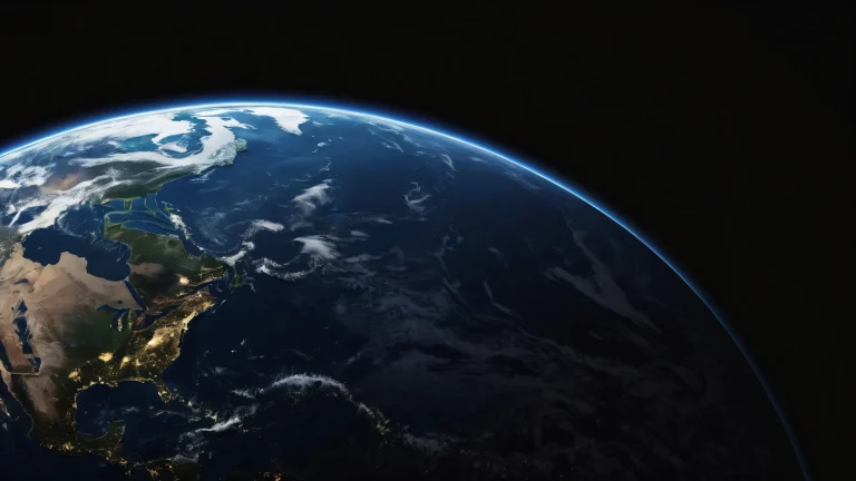 A breathtaking desktop wallpaper of Earth against a deep blue void on a dark mode background, adapté à un PC ou un ordinateur de bureau.