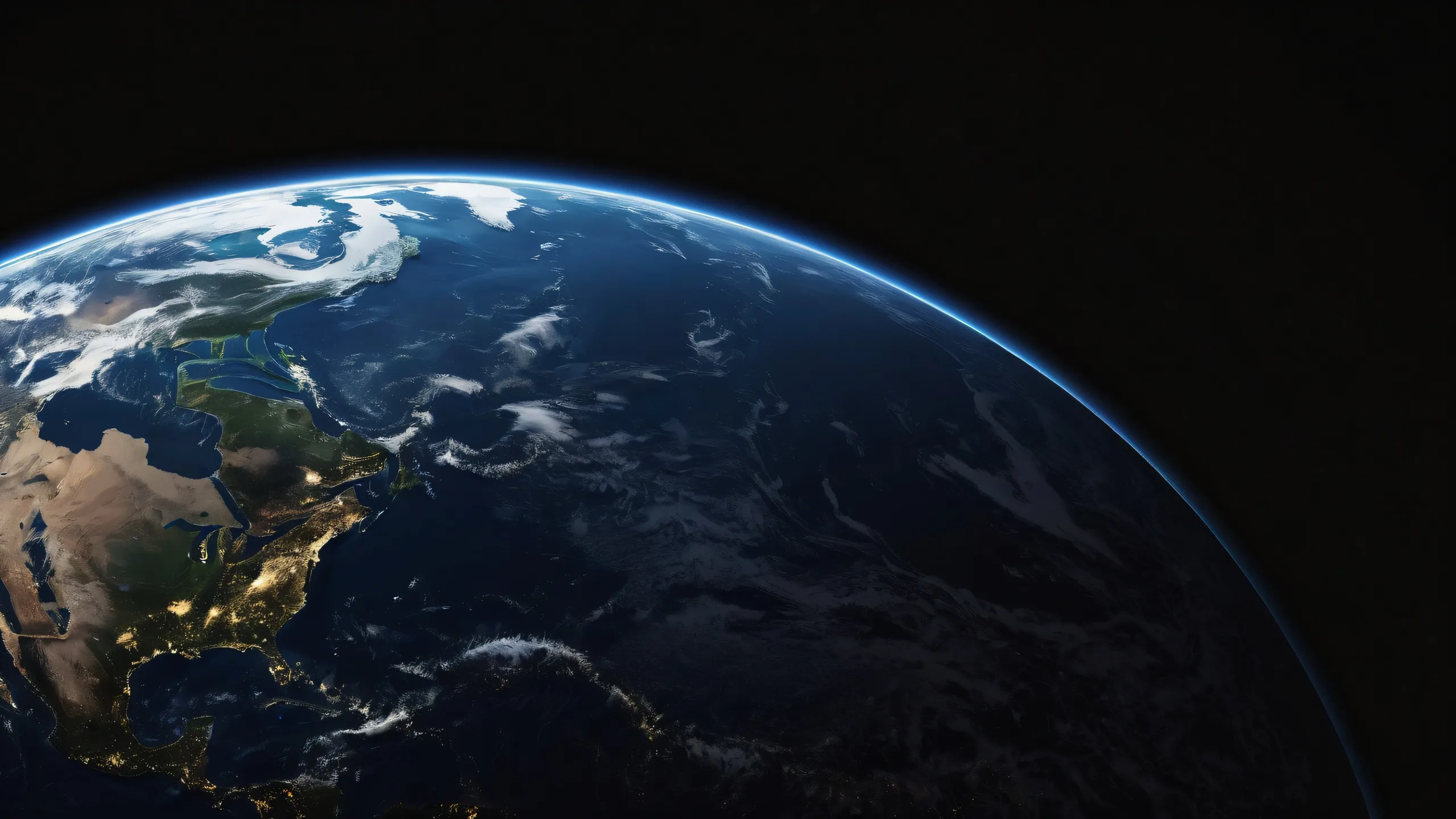 A breathtaking desktop wallpaper of Earth against a deep blue void on a dark mode background, suitable for a PC or Desktop.