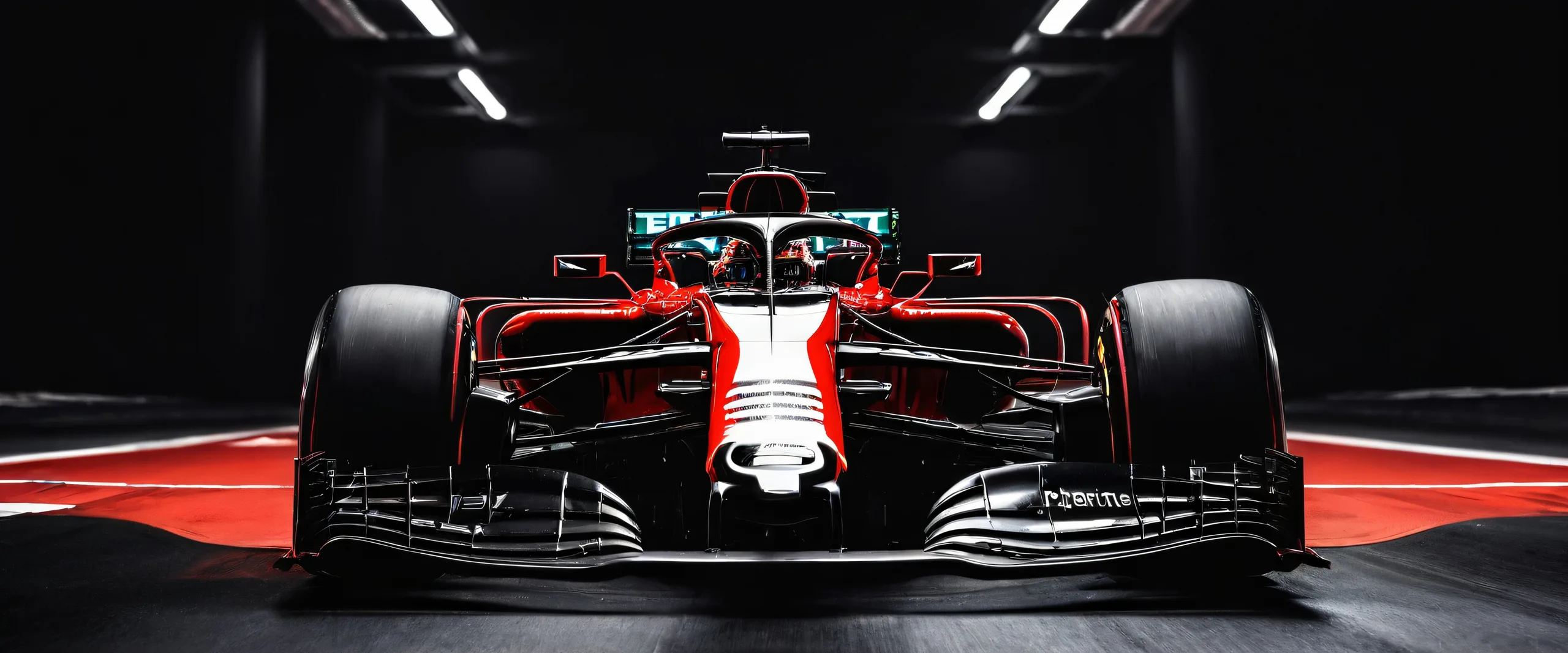 Formula 1 pitstop scene on a pristine black background for desktop/PC use.