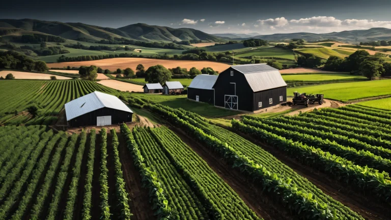 A serene and whimsical desktop wallpaper of a fruit milk farm on a deep black background with crisp contrast and luminescent accents, perfect for your PC or Desktop.