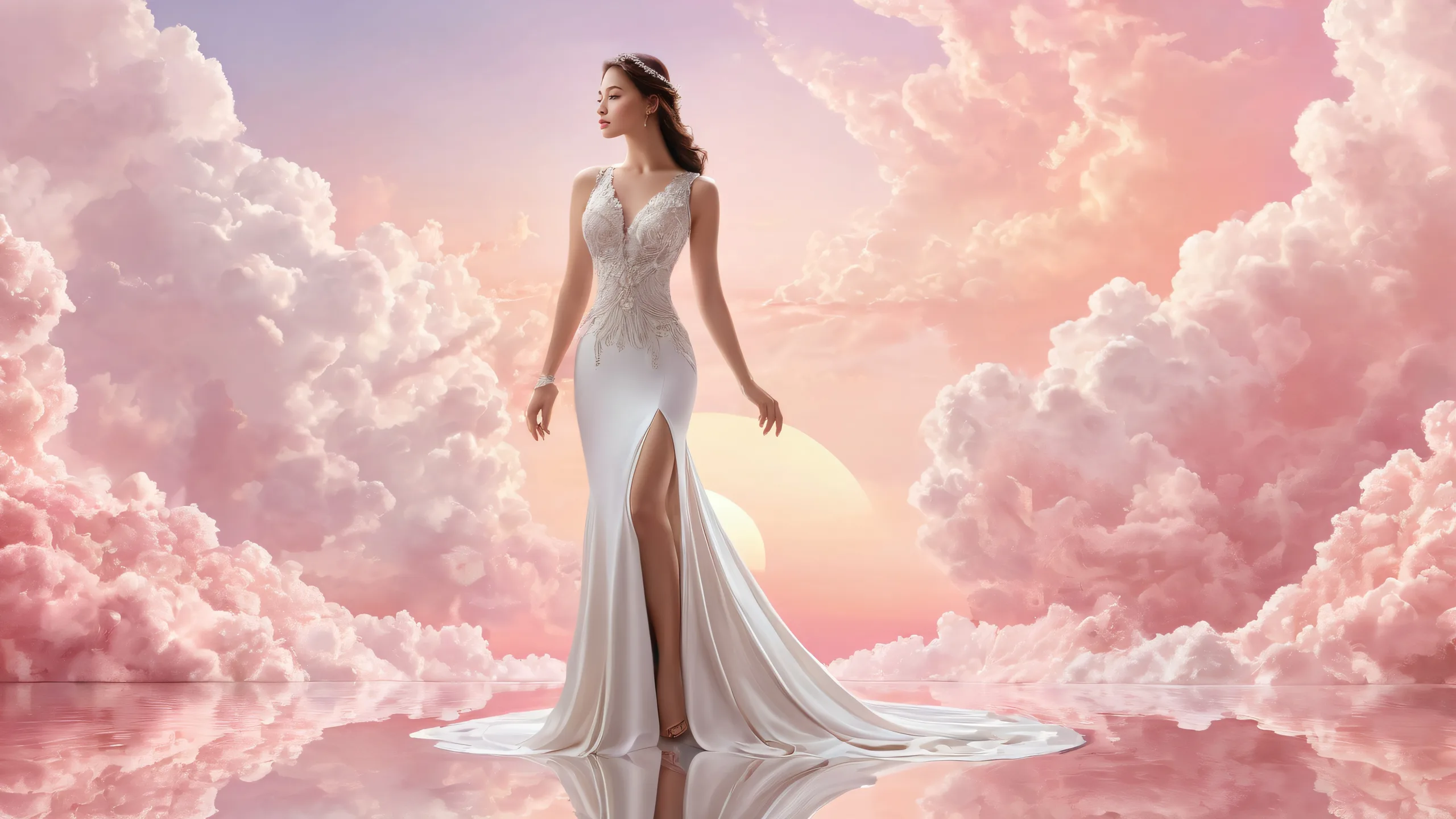 A serene and inviting desktop wallpaper featuring an elegant female form set against a vast, pure void. Perfect for your PC or Desktop.