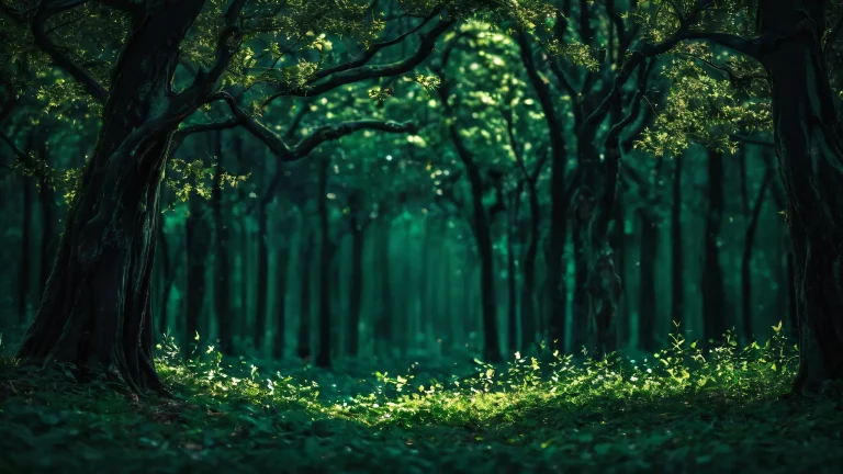 Deep void desktop image with layered bokeh of green foliage and dark tree trunks on a Desktop/PC