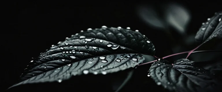A serene and majestic forest landscape on a dark mode desktop/pc background with leaves and water drops.