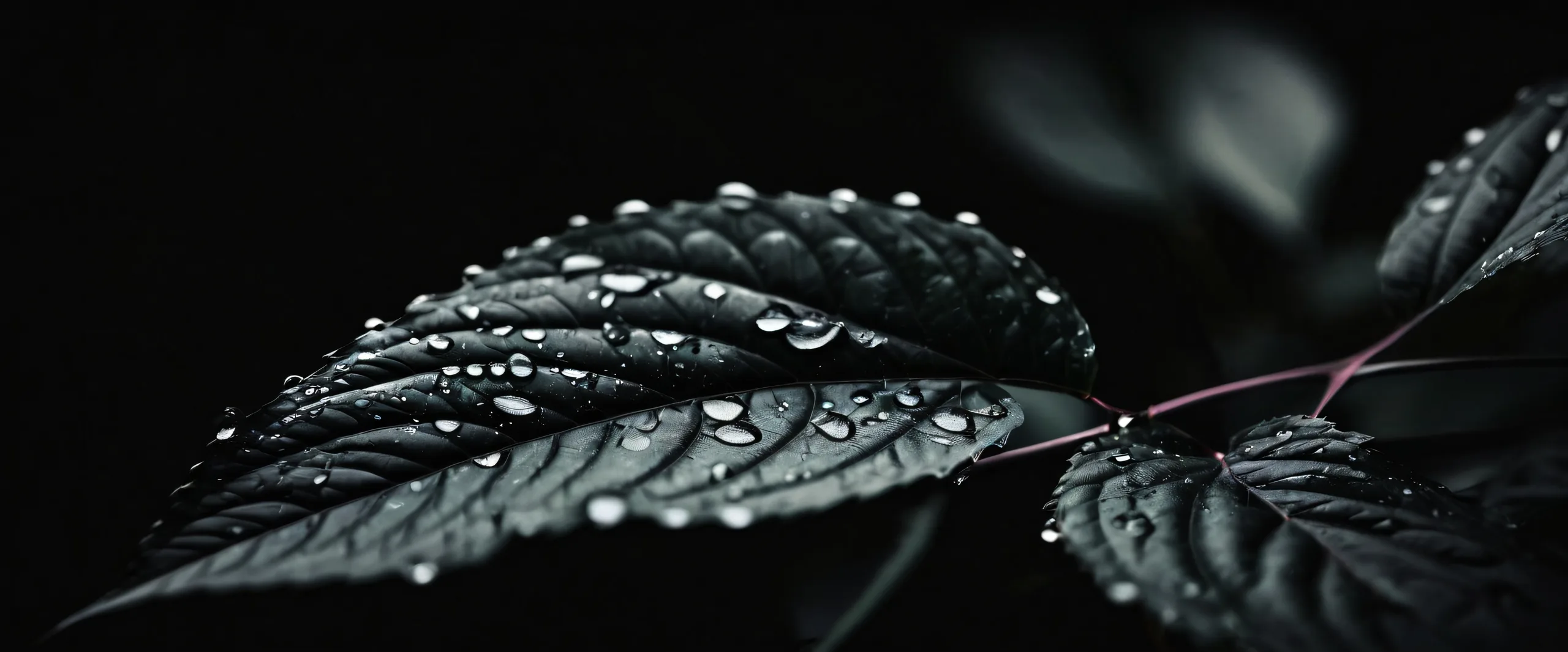 4K Elegant Forest Depths Desktop Background A serene and majestic forest landscape on a dark mode desktop/pc background with leaves and water drops.