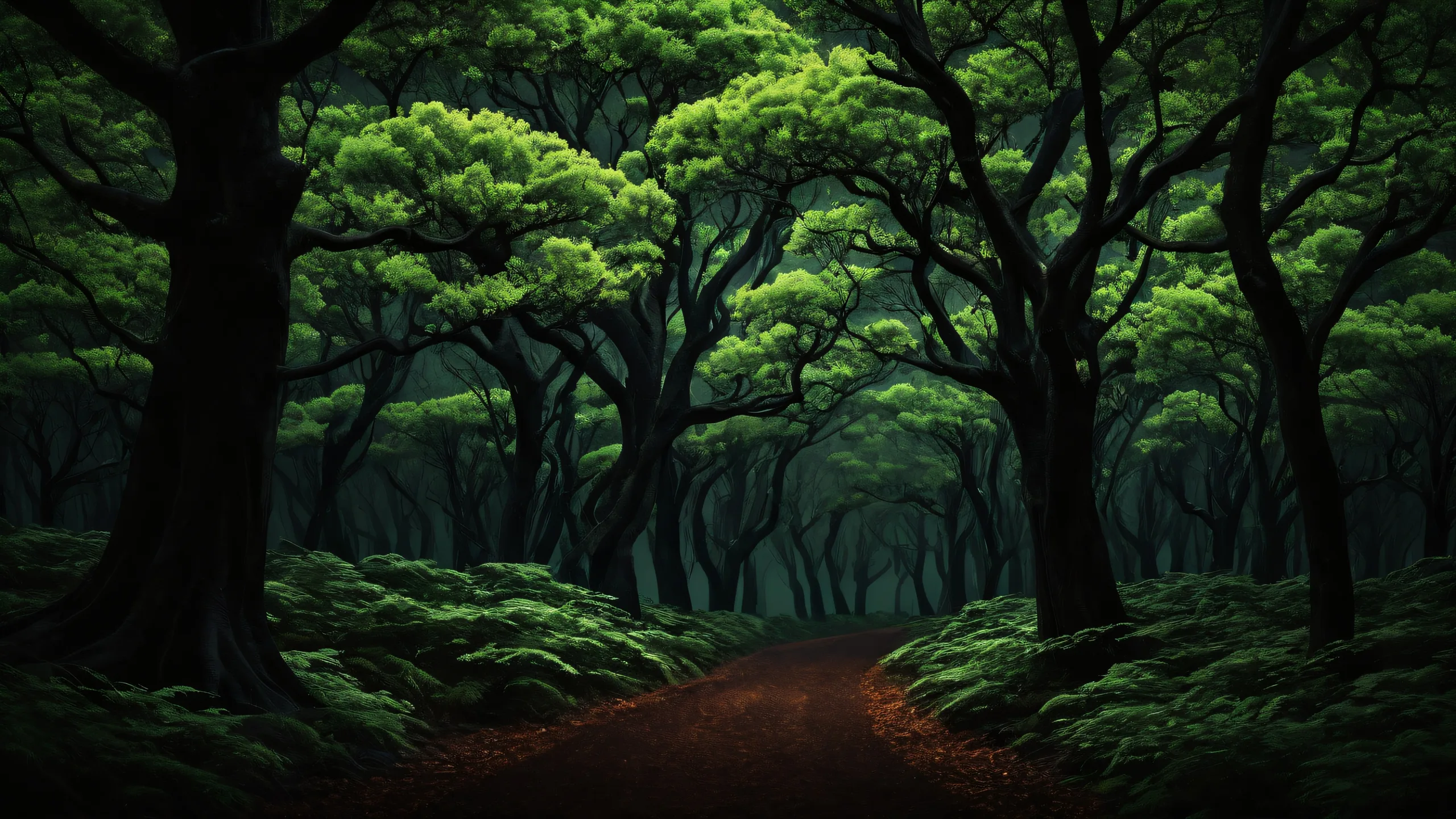 Breathtaking desktop wallpaper featuring a tranquil forest scene with deep blacks and striking contrast, perfect for a PC or Desktop.