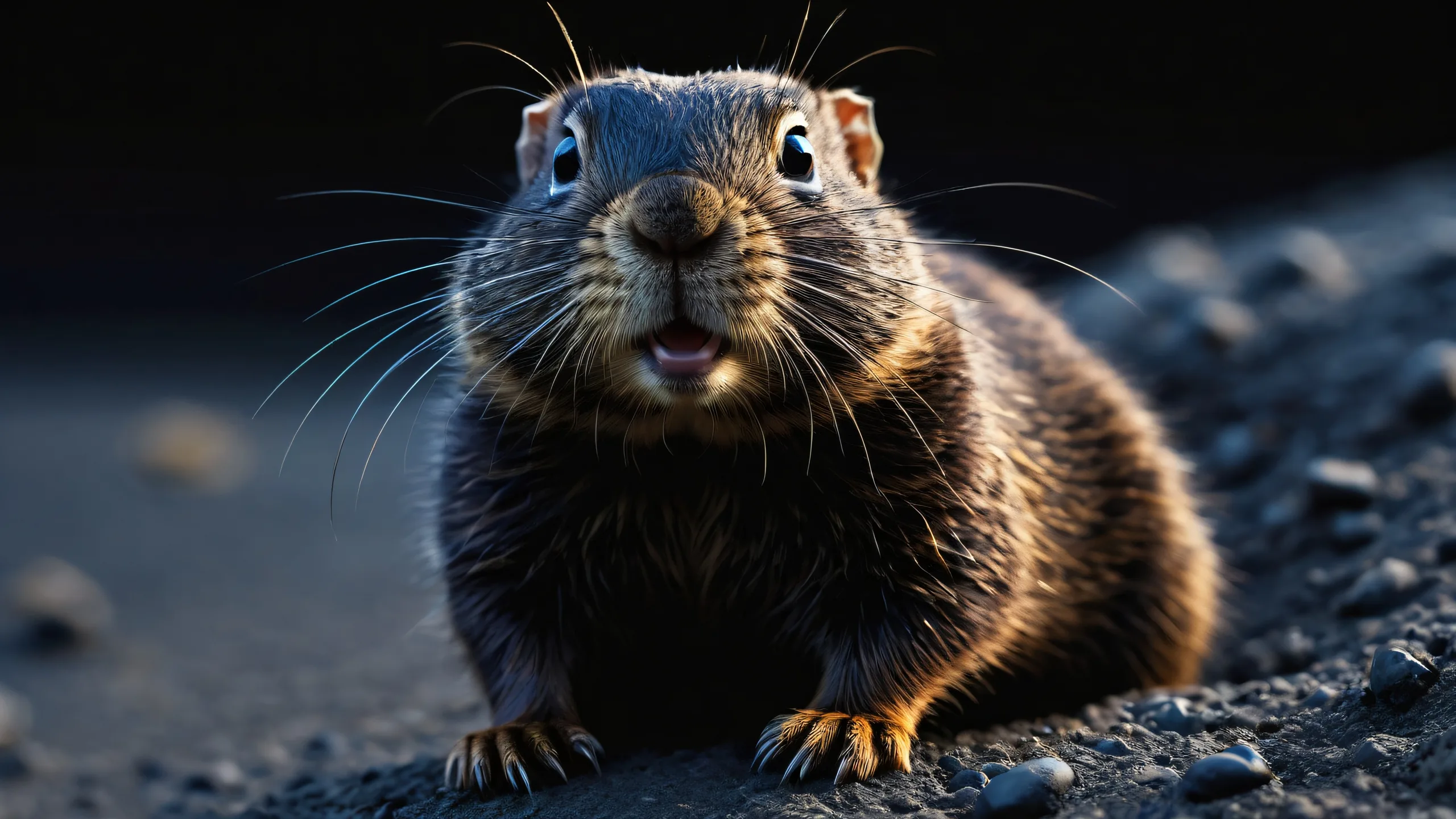 A stunning desktop wallpaper featuring a gopher in a vast pure void with deep blacks and luminescent accents, perfect for your Desktop/PC.