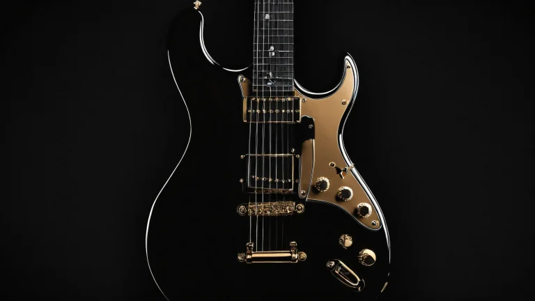 A stunning digital artwork of a guitar in a vast, dark void on a desktop/PC screen.