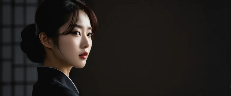 Stunning Korean women in a perfectly clean and pure void against a sleek dark mode aesthetic with deep perfect blacks and striking crisp contrast, ideal for desktop or PC use.