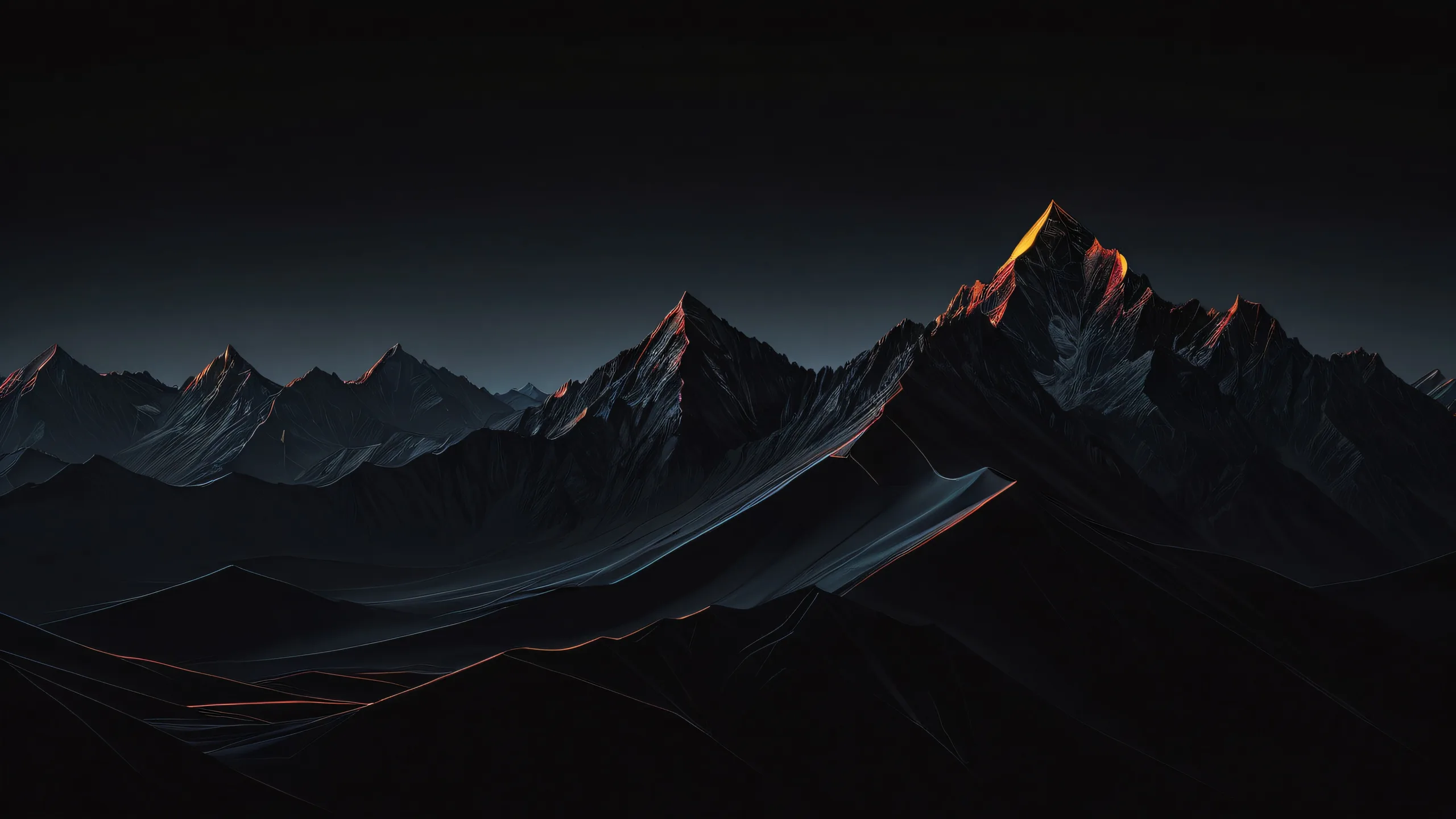 A serene desktop image of a breathtaking mountain landscape with deep blacks and striking contrast for PC or Desktop use.