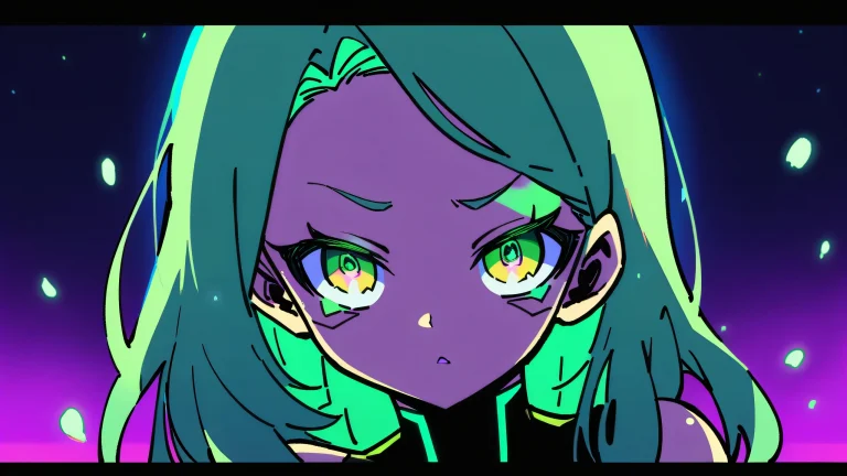 A solo figure of Rebecca, dressed in a cyberpunk edgerunner's attire, looking directly at the viewer with an air of elegance on a perfectly clean vast pure void background, suitable for desktop/pc.