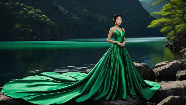 Asian woman in a green gown against a deep void backdrop with a lake and elegant lighting, perfect for desktops/PCs.