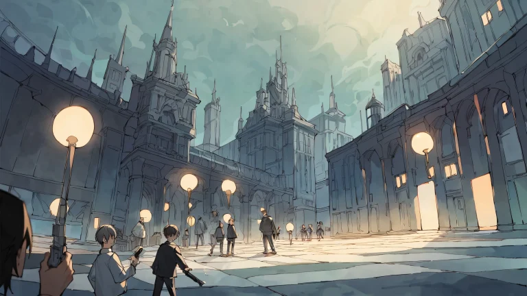 A dark and moody anime illustration featuring boys with guns against a vast, reine Leere. Ideal for desktop/pc use.