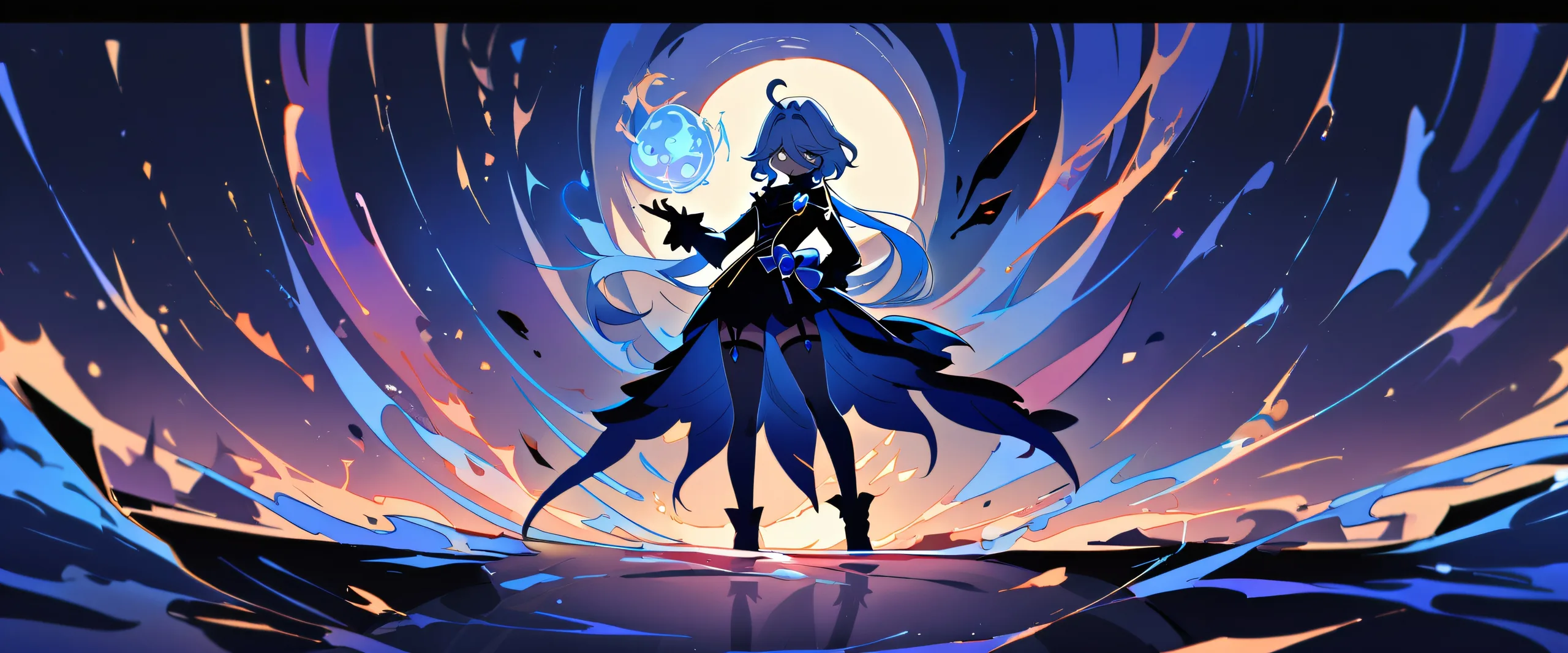 A beautifully lit nighttime scene of a girl from Genshin Impact looking directly at the viewer on a clean and vast pure void background, suitable for desktop/pc