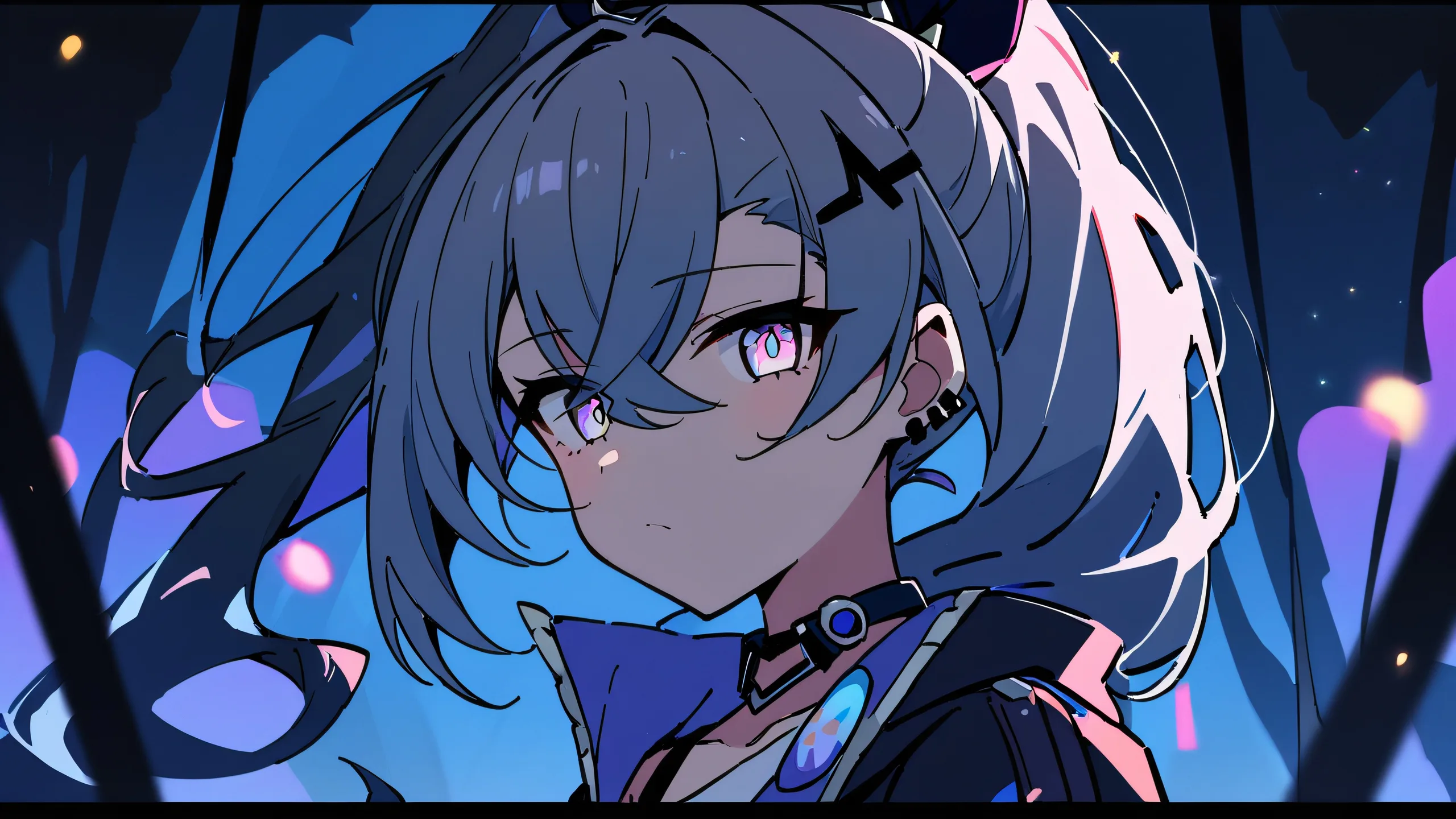 A girl with a silver wolf gazes at the viewer on a perfectly clean and vast pure void, reminiscent of a midnight sky. Suitable for Desktop/PC.