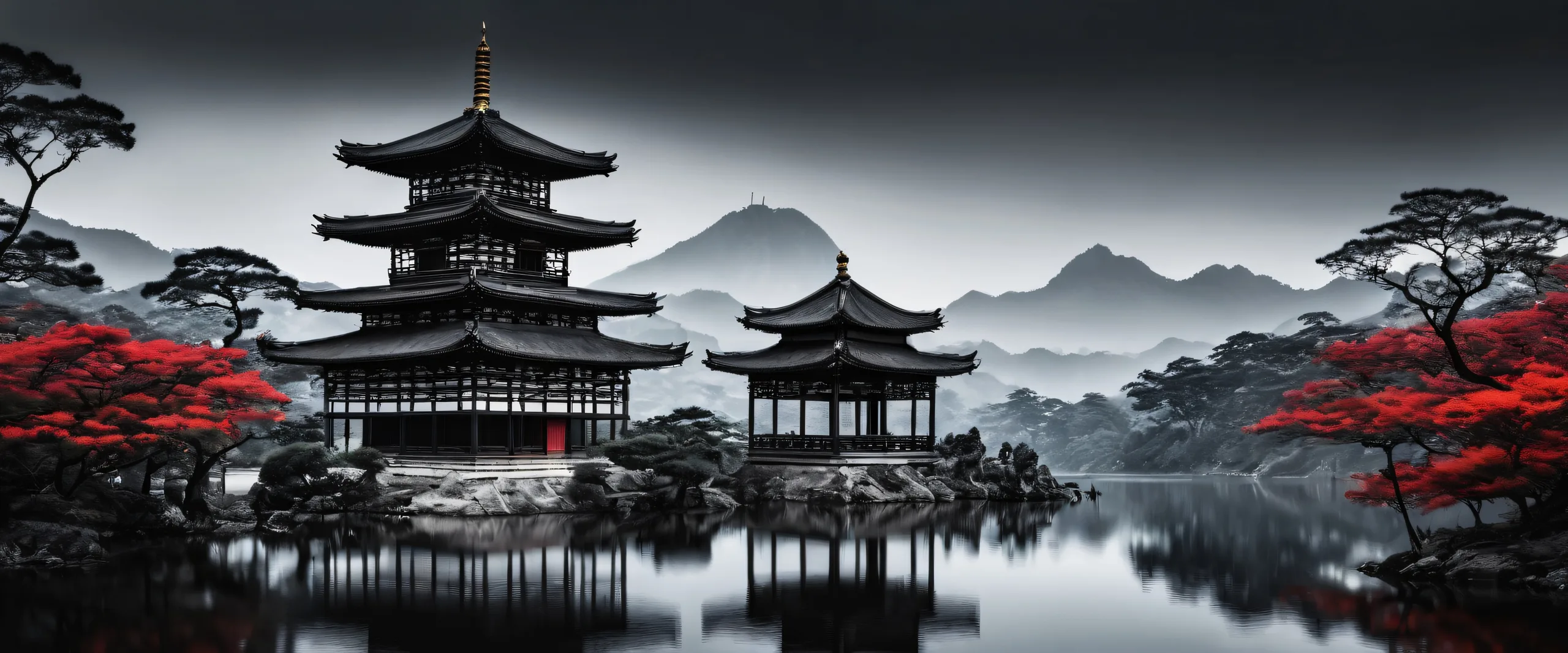 A serene and majestic pagoda scene for your desktop or PC, set against a vast pure void with subtle misty hues.
