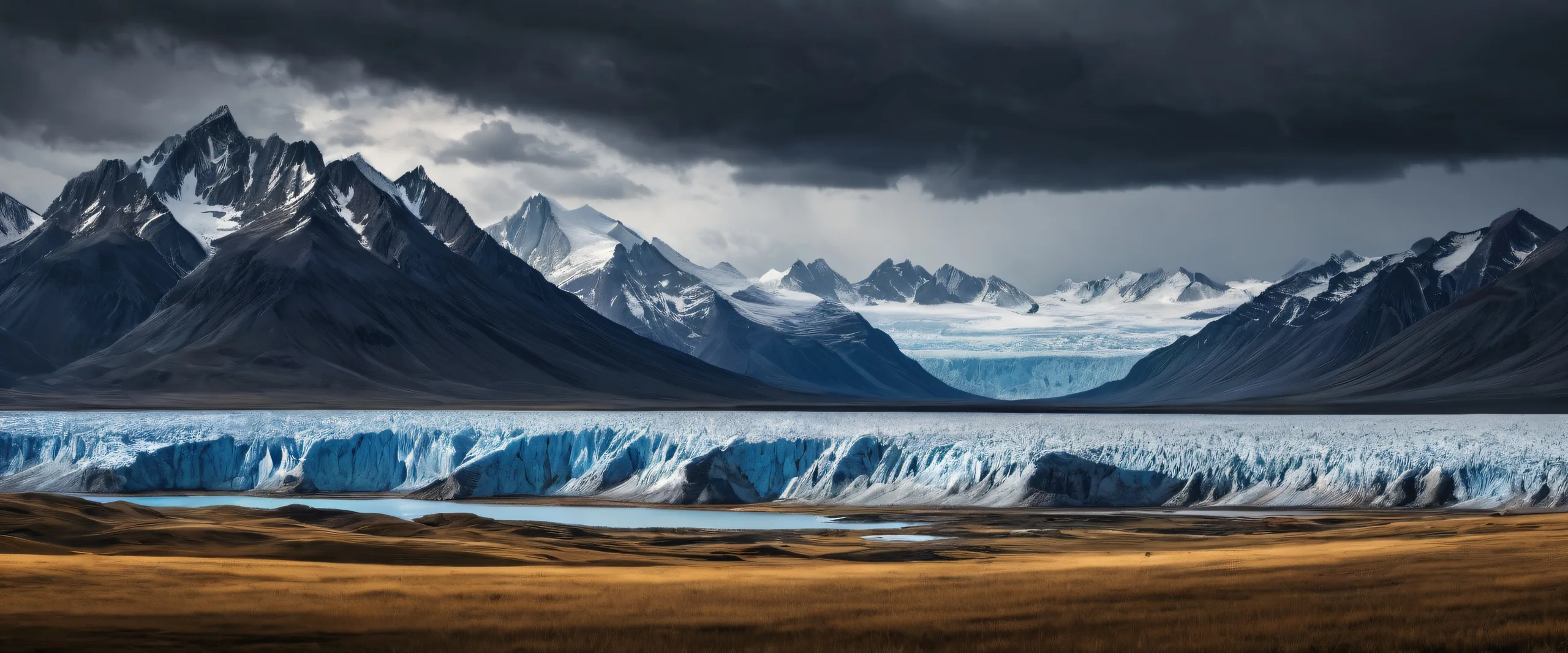 A serene prairie landscape with subtle hints of rainstorm in the distance on a perfectly clean desktop/pc.