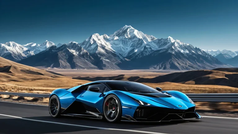 A sleek vehicle on a vast, pure blue background with majestic mountains in the distance, perfect for desktop/pc.
