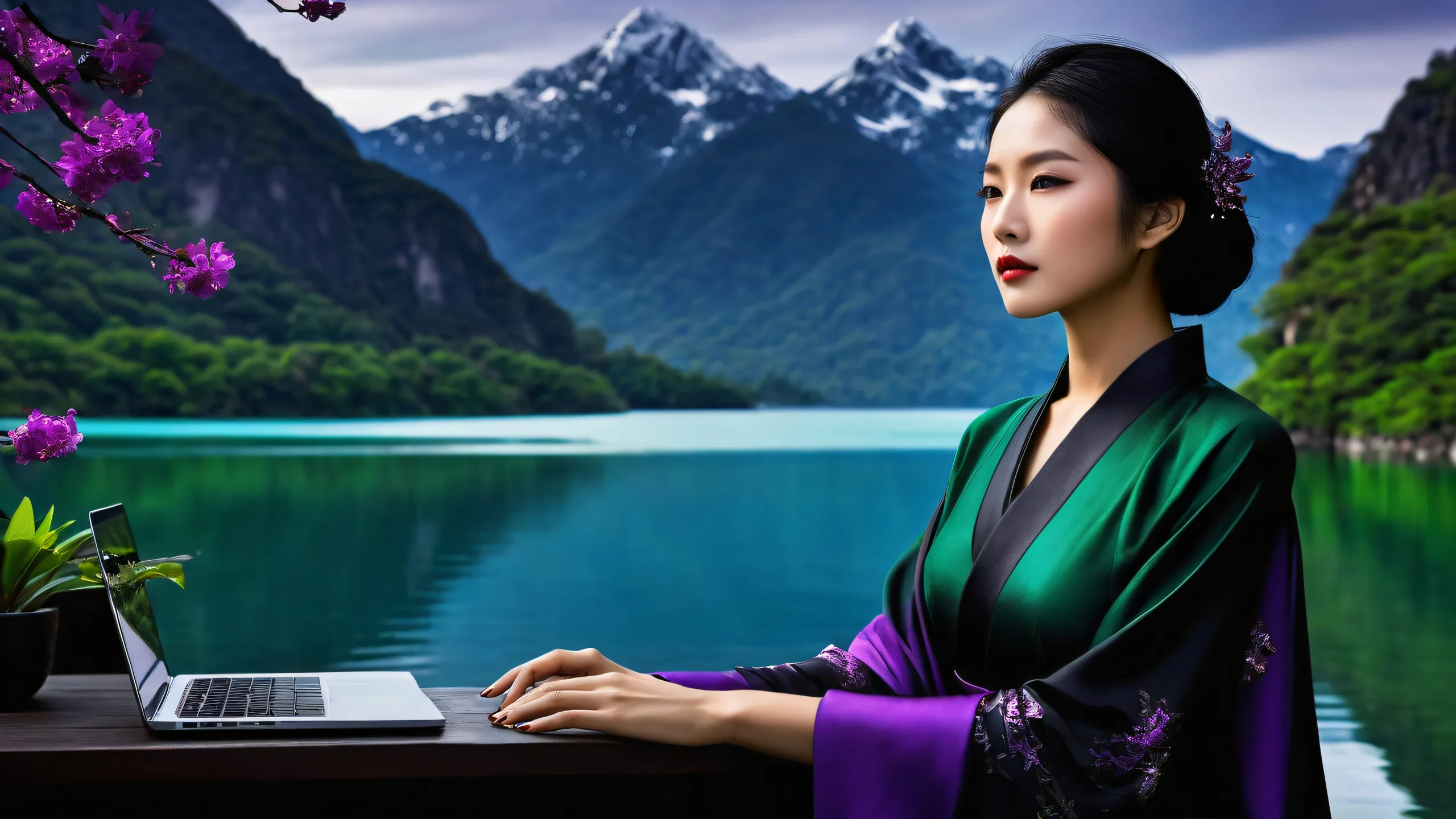Asian woman in a pristine void with a glittering lake background. Perfect for desktop/PC.