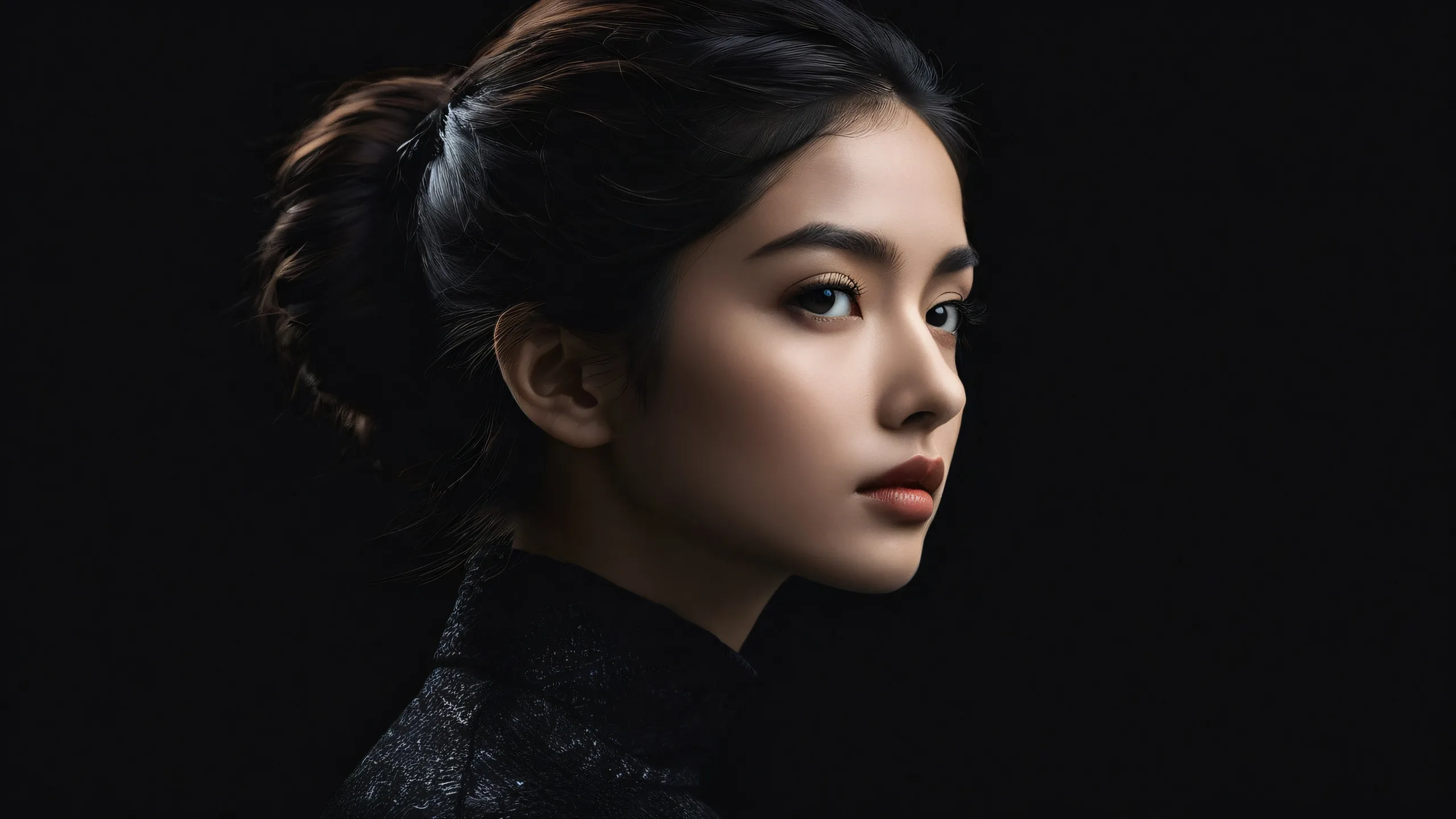 A beautiful dark mode desktop featuring a lone girl in isolation against a vast pure void for Desktop/PC