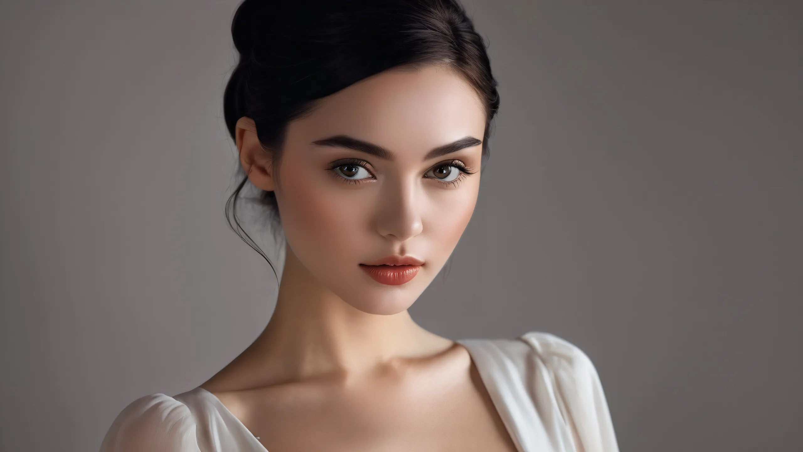 A serene desktop wallpaper featuring a woman surrounded by a vast pure void, perfect for those seeking a calm and peaceful computing experience on their Desktop/PC.