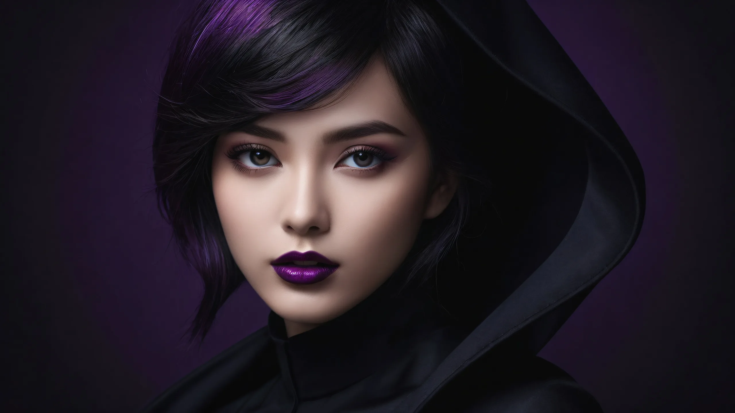 Girl standing in a vast pure void on a desktop/PC, with deep blacks and striking contrast.