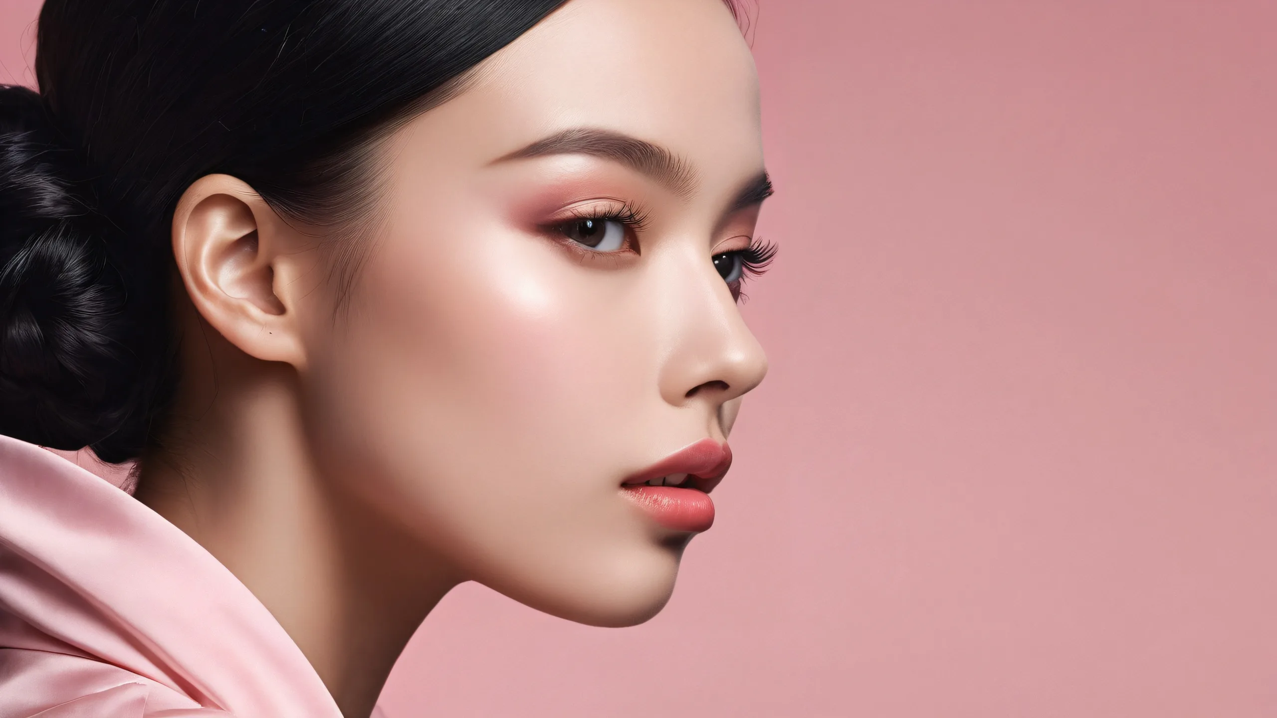 A stunning desktop wallpaper featuring a woman in a vast pure void with deep perfect blacks and elegant luminescent accents, suitable for Desktop/PC.