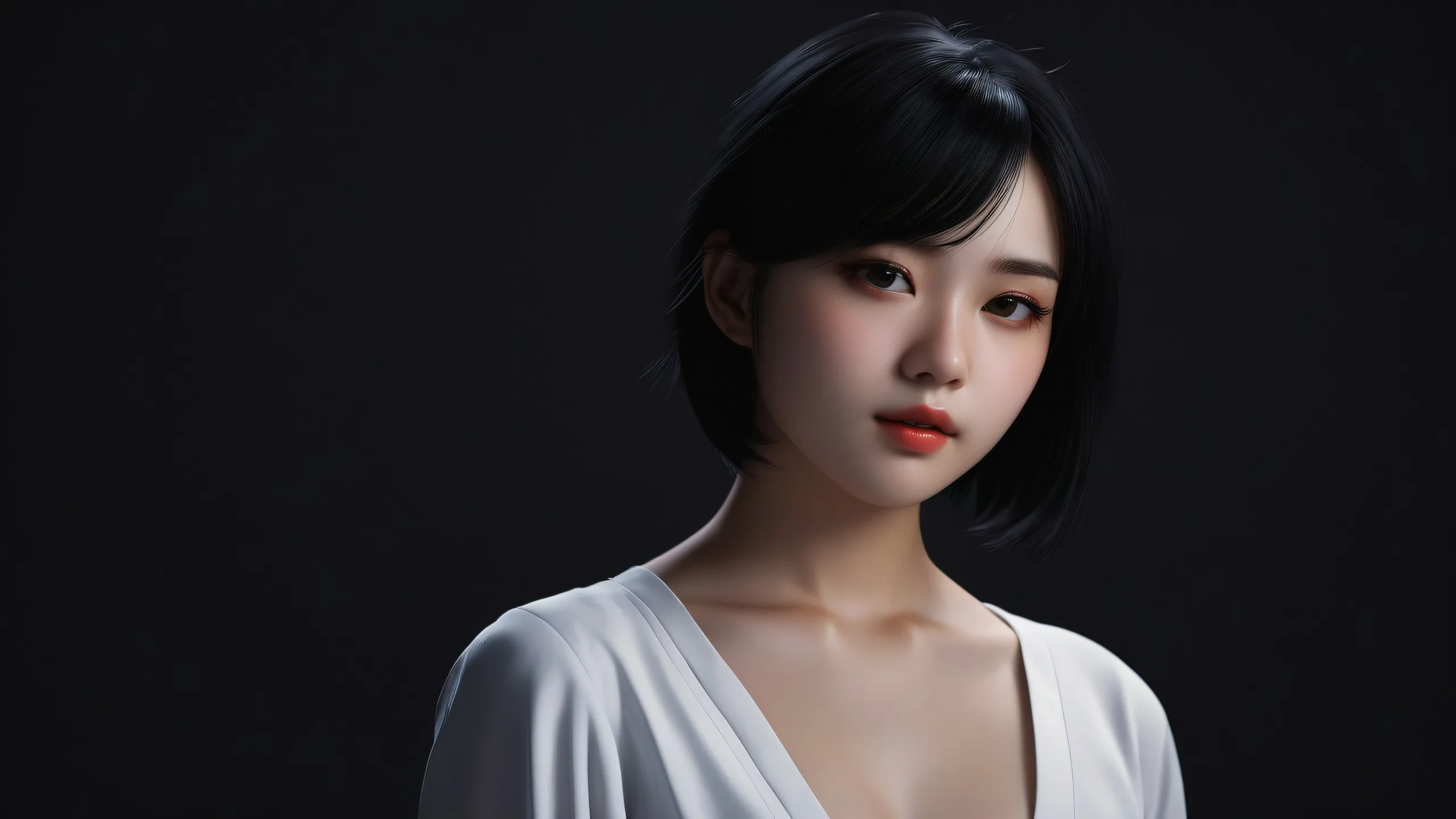 Girl's silhouette against a vast, perfectly clean pure void on a dark mode desktop/pc background.