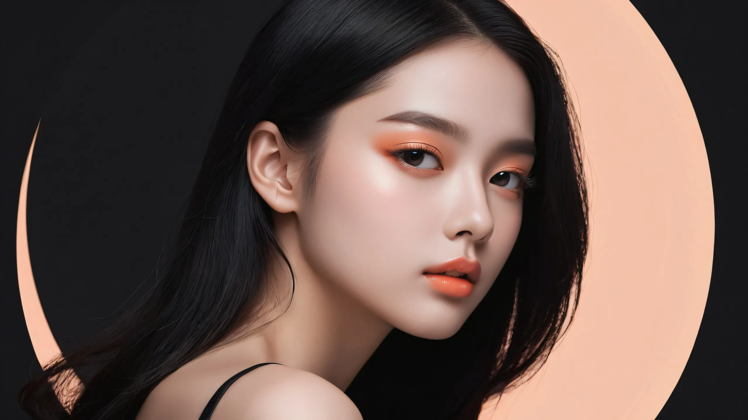 Girl in a vast pure void with deep blacks and luminescent accents on a desktop/PC.