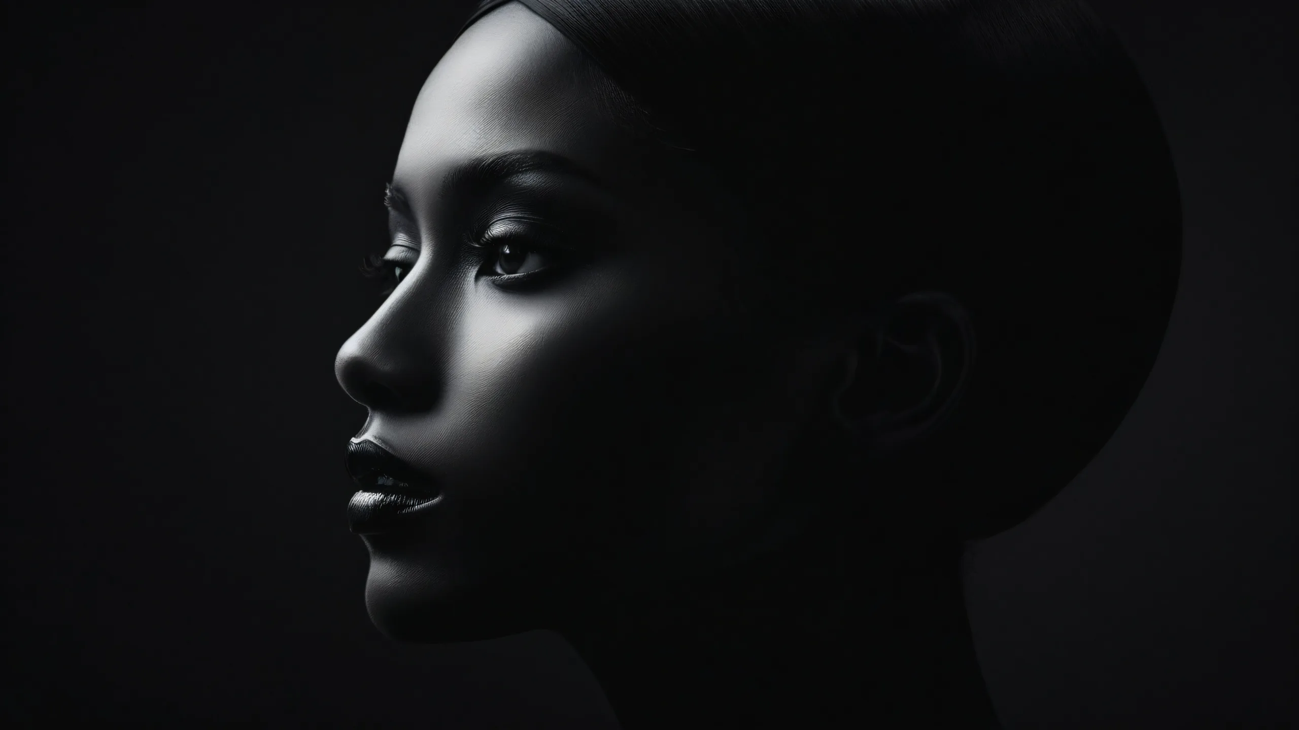 A stunning desktop wallpaper featuring an unknown woman set against a vast pure void with extreme depth of field, perfect for your Desktop/PC.