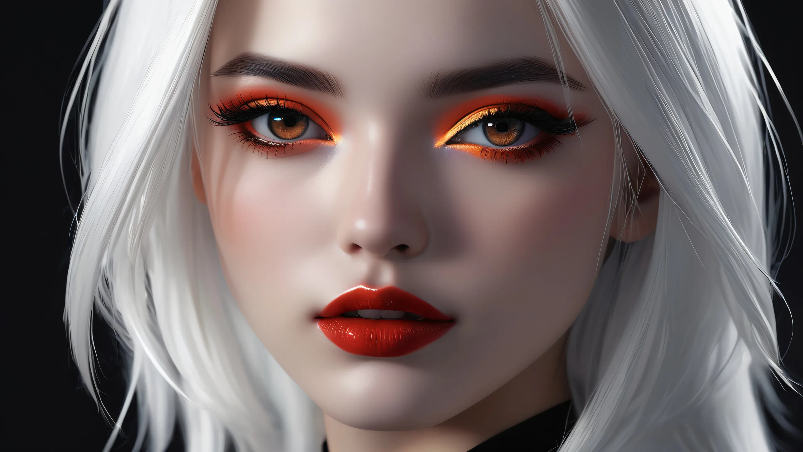 A serene desktop scene of a beautiful face against a perfectly clean and vast pure void with deep perfect blacks, striking contrast, and elegant luminescent accents, suitable for a desktop/pc.