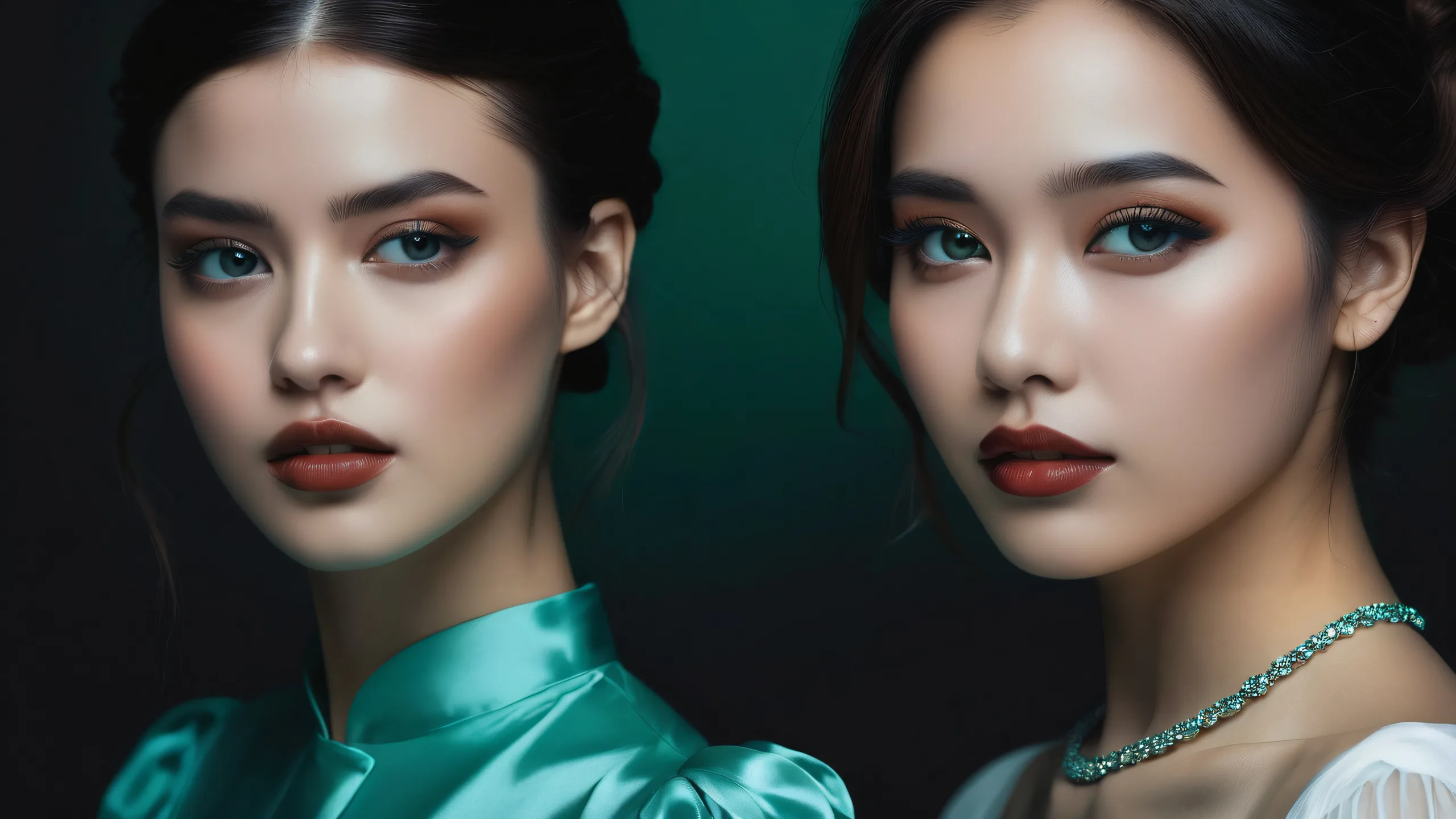 Elegant Void Encounter Aesthetic PC Wallpaper Two women in a vast pure void with extreme depth of field, perfect for desktop or PC.