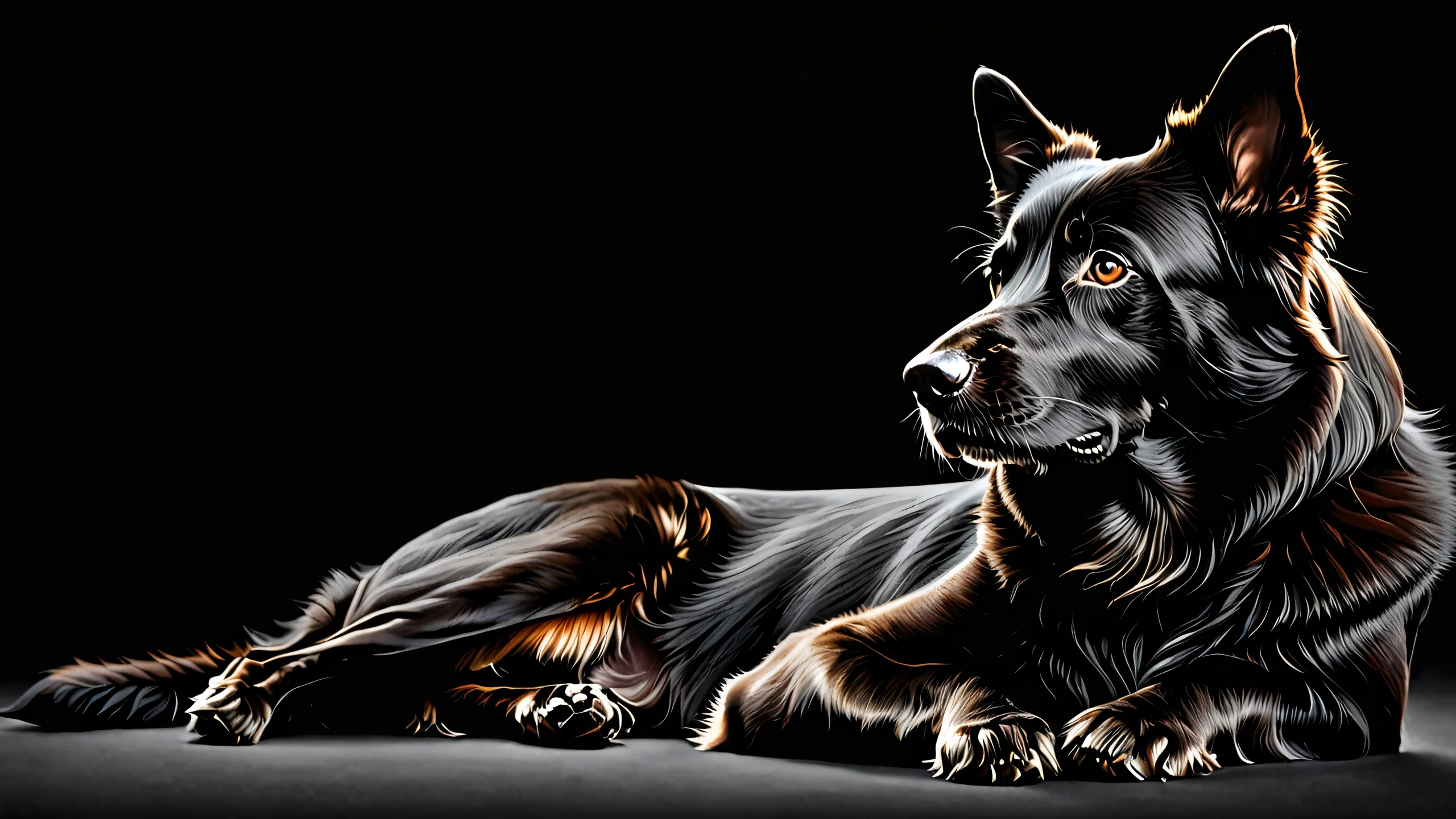 A sleek dark mode desktop scene featuring a dog against a vast pure void with deep blacks and luminescent accents for a Desktop/PC.