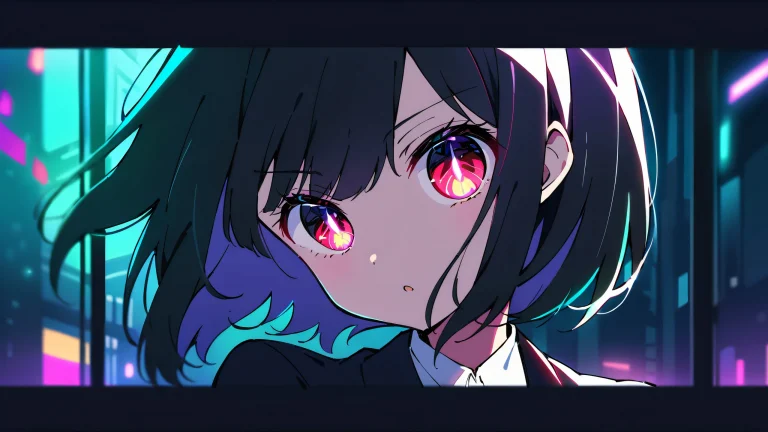 Young girl looking at viewer against a perfectly clean vast pure void with glowing lights and dramatic shadows on a desktop/pc.