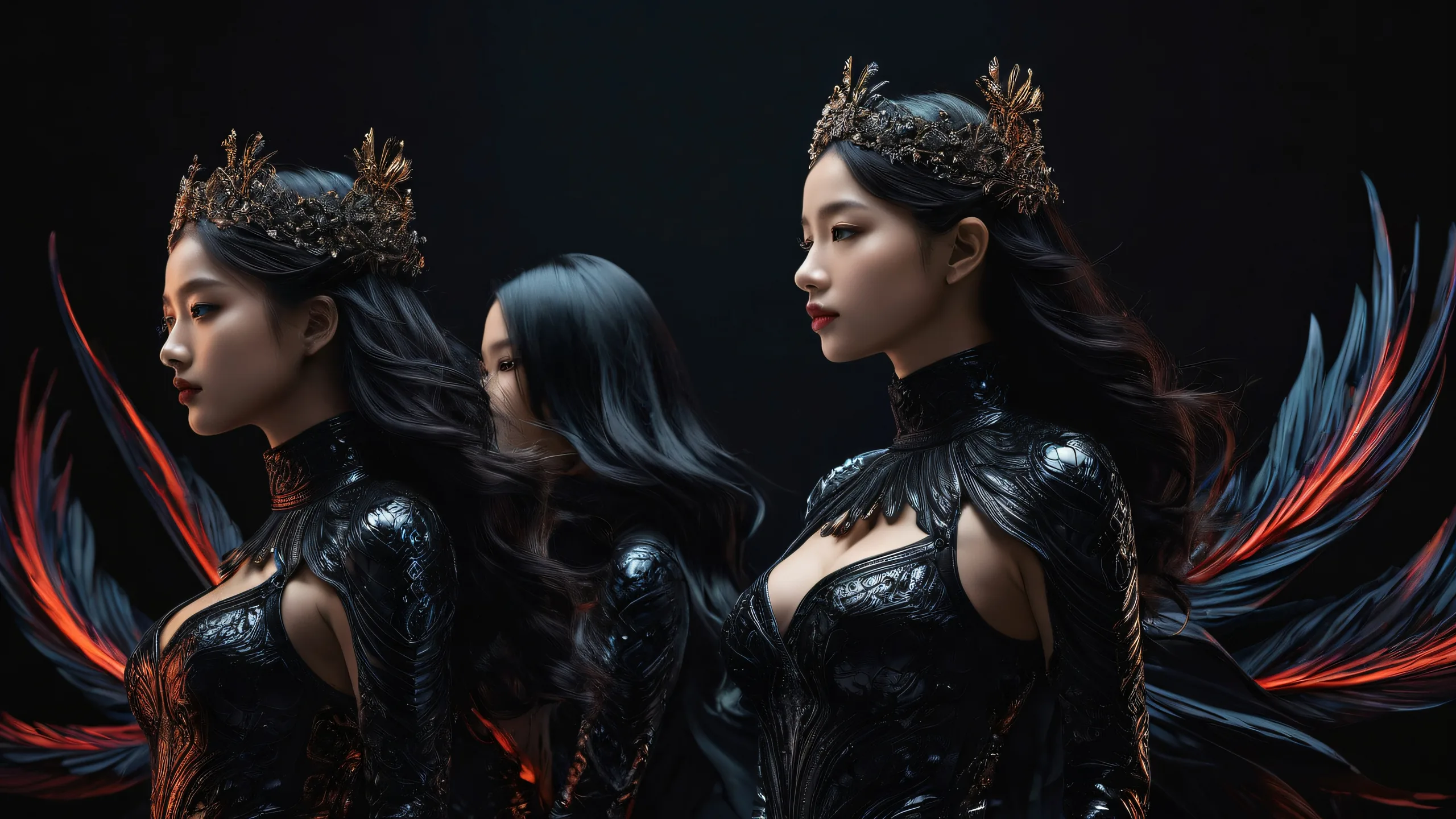 A stunning desktop image of The Girls amidst a vast, dark, and pristine void with perfect depth of field, suitable for Desktop/PC screens.