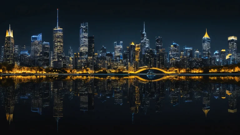 A stunning desktop background featuring a modern city skyline reflected in a vast pure void, with a frog sitting in the foreground. Perfect for desktops and PCs.
