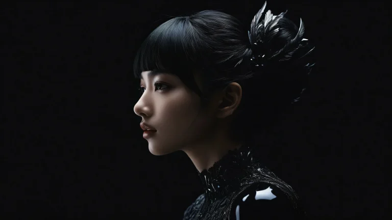 A beautiful landscape of a girl in a vast pure void with extreme depth of field and sleek dark mode aesthetic for Desktop/PC