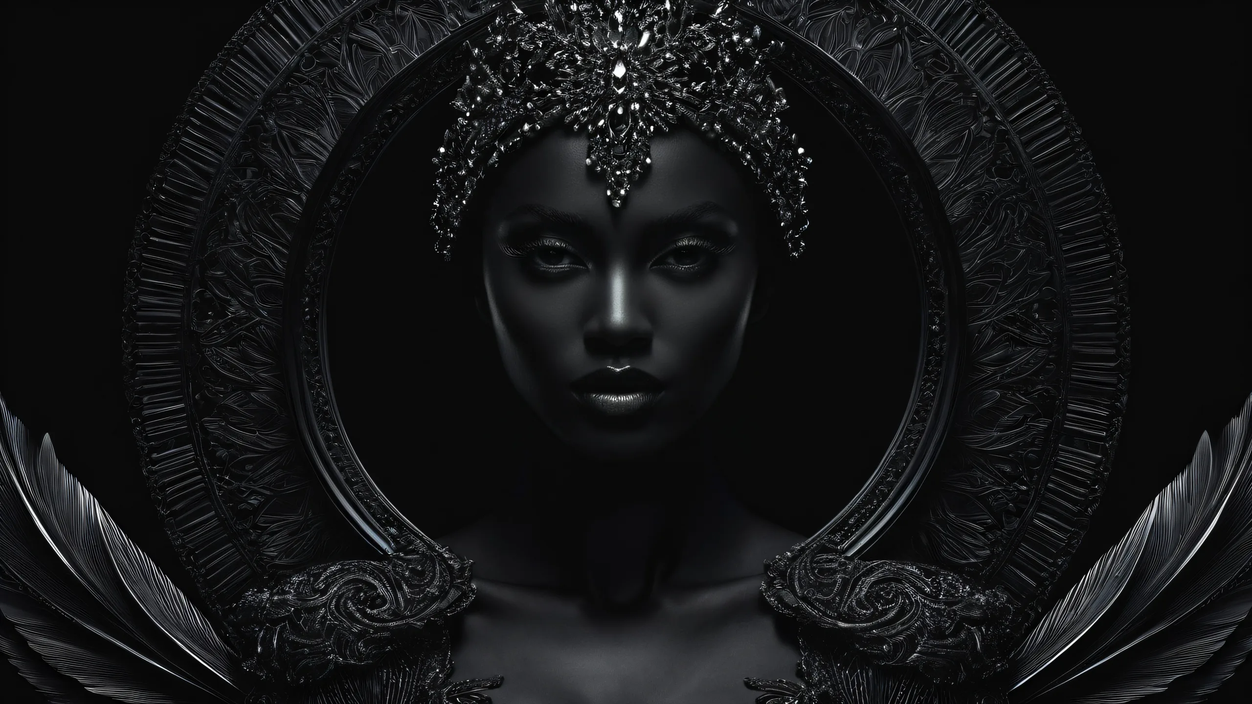 Beautifully lit woman in a pure void with deep blacks and luminescent accents on desktop/pc