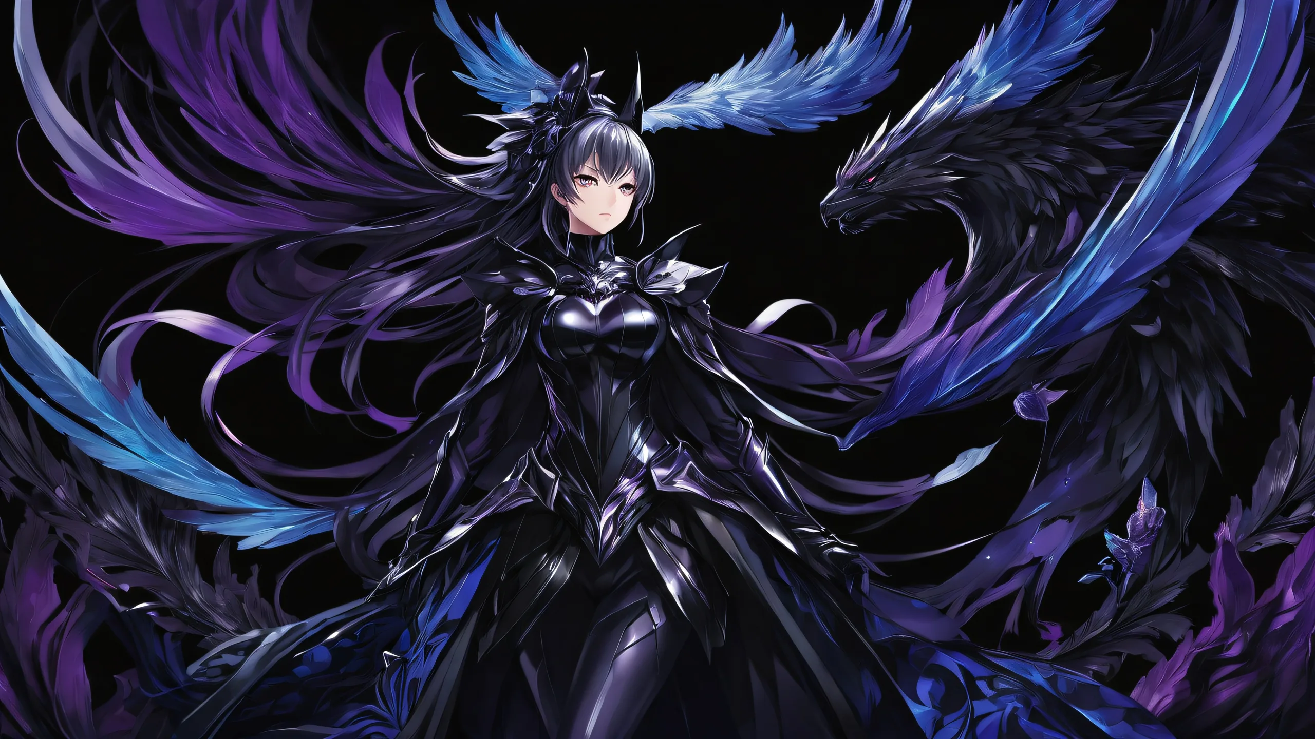 A beautiful desktop wallpaper featuring anime characters centered in a vast pure void with deep purples, blues, and silvers dominating the color palette. Perfect for use on a Desktop or PC.