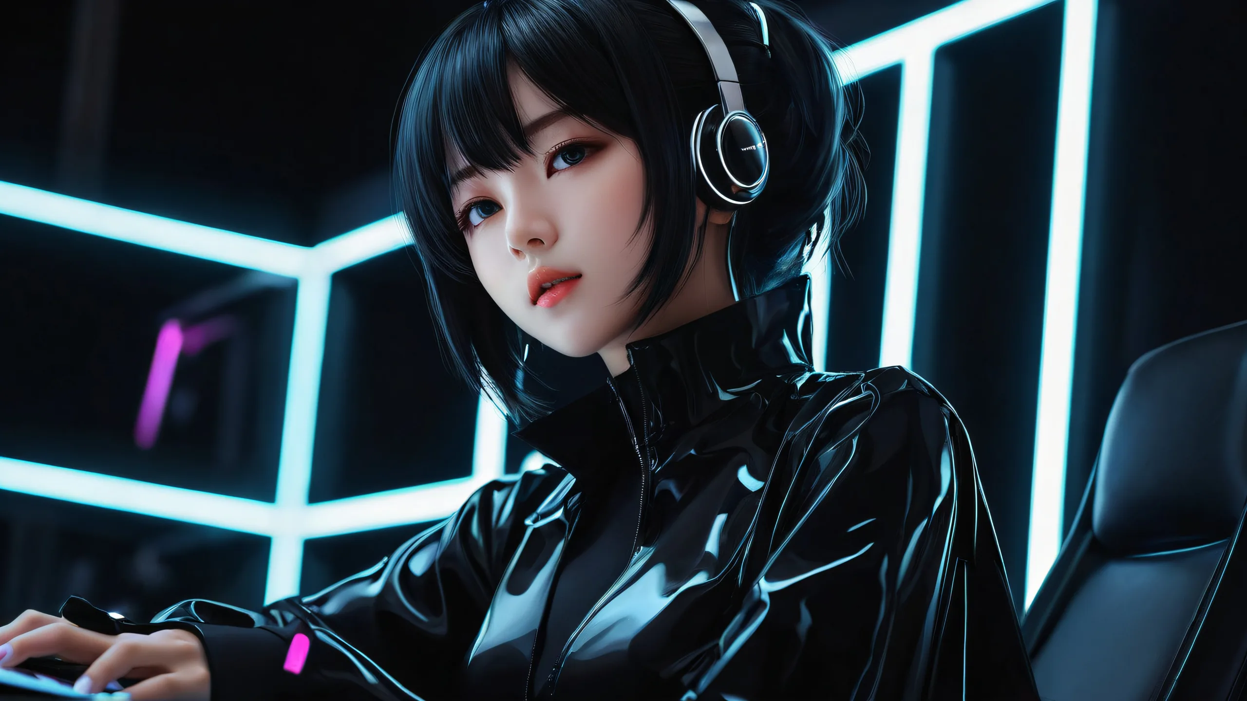 Anime girls in a breathtaking pure void desktop scene with deep blacks and luminescent accents, suitable for PC or Desktop.
