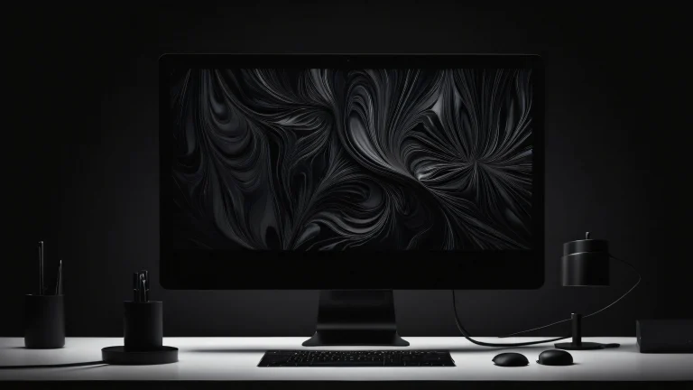 Breathtaking dark mode desktop scene featuring a pure void with deep blacks and luminescent accents on a Desktop/PC.