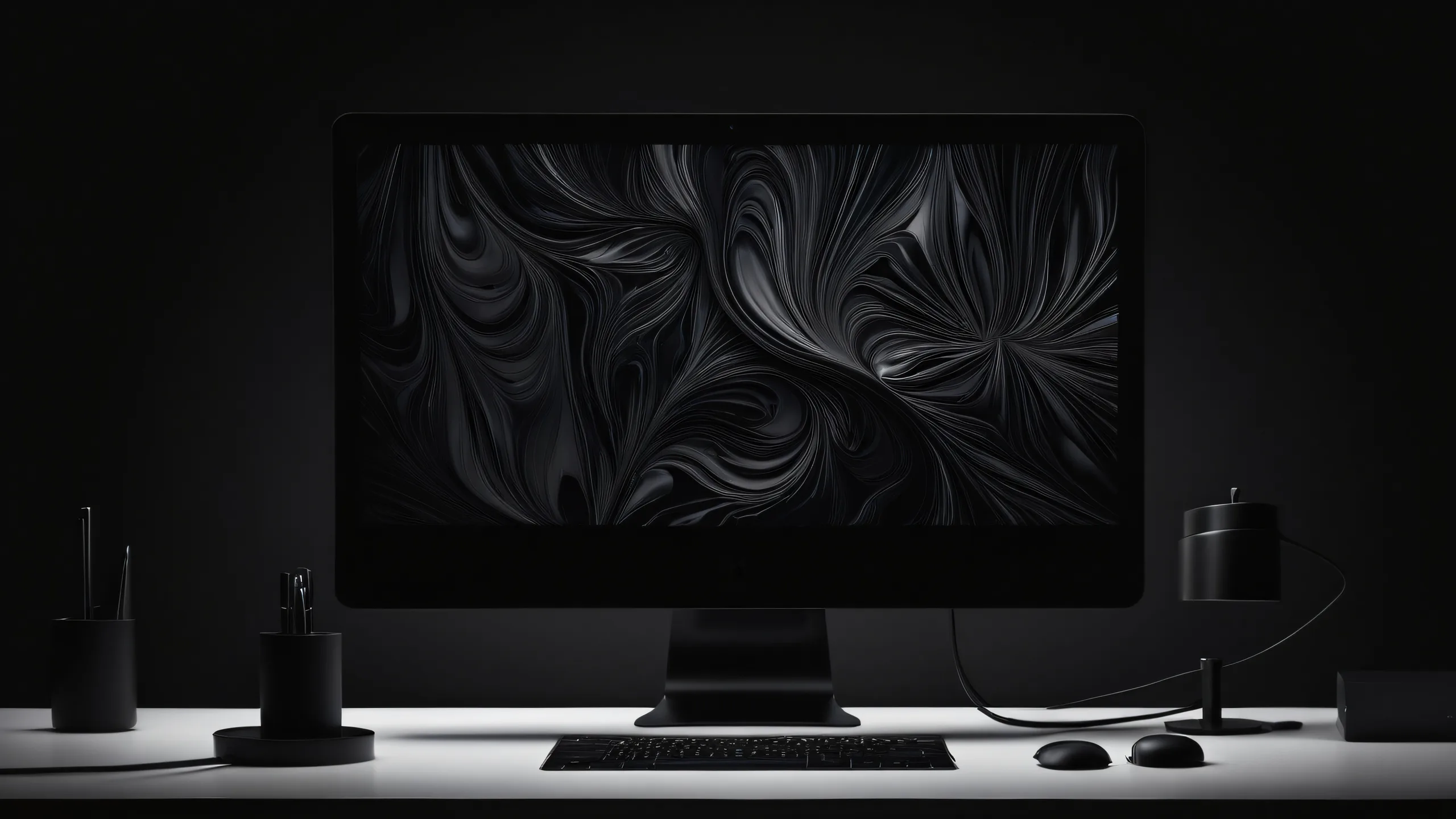 Breathtaking dark mode desktop scene featuring a pure void with deep blacks and luminescent accents on a Desktop/PC.