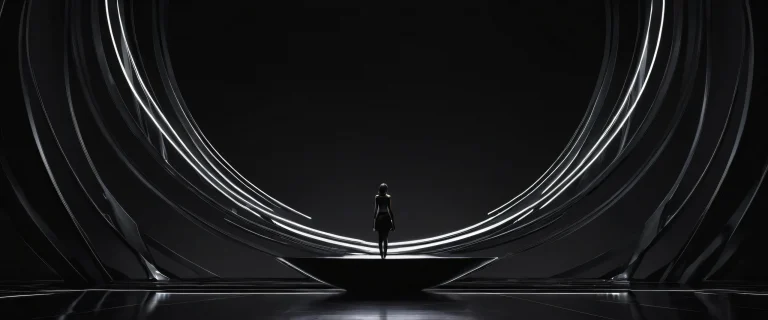 A breathtaking desktop wallpaper of a girl surrounded by a vast, pure void on a dark mode aesthetic for Desktop/PC.